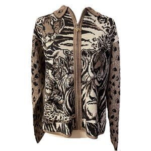 VTG Lisa Ashley Tiger Leopard Print Cardigan Sweater Zip Up M Safari Maximalist